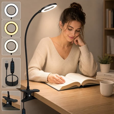 Çok Fonksiyonlu LED Akrobat Masa Lambası, Klipsli Göz Koruyuculu, Ayarlanabilir Açılı, Kitap Okuma lambası, Ring Light, 3 FarklıYanma Modu (Sarı, Beyaz, Gün Işığı)