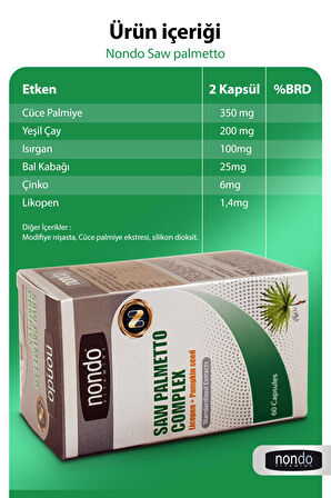 Saw Palmetto Complex 60 Kapsül (CÜCE PALMİYE, YEŞİL ÇAY, İSIRGAN, BAL KABAĞI, ÇİNKO, LİİKOPEN)