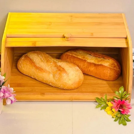 Doğal Bambu DEMONTE Ekmeklik, Ekmek Kutusu, Kayar Kapaklı, Geniş Hacimli, 38 x 23 x 19 cm