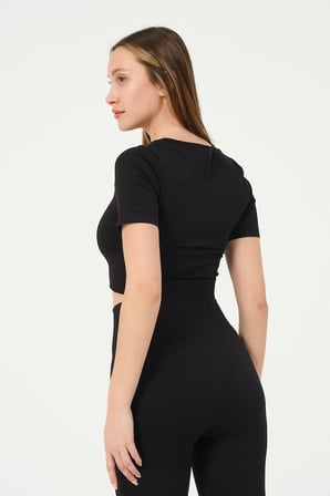 Kadın V Yaka Kısa Kollu Dikişsiz Esnek T-shirt Crop Top siyah-L