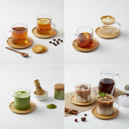 Deconox Bambu Tabaklı 2'li Cam Fincan Seti 150 ml - Yuvarlak/Kare Seçenekli Borosilikat Bitki Çayı ve Double Kahve Fincanı (YUVARLAK TABAKLI)