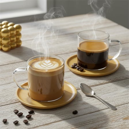 Deconox Bambu Tabaklı 2'li Cam Fincan Seti 150 ml - Yuvarlak/Kare Seçenekli Borosilikat Bitki Çayı ve Double Kahve Fincanı (YUVARLAK TABAKLI)