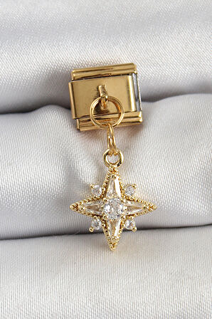  Çelik Sallantılı Zirkon Taşlı Kutup Yıldızı Model Gold Renk Nomination Charm