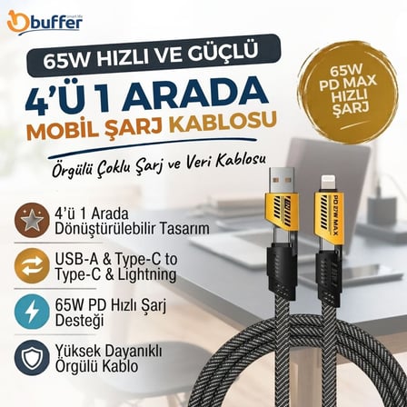 Kararlı Ticaret® 4’ü 1 Arada Hızlı Mobil Şarj Kablosu 65W – USB-A & Type-C to Type-C + Lightning, Örgülü Çoklu Şarj ve Veri Kablosu