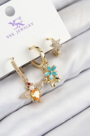 Pirinç Zirkon Taşlı 3 lü Arı Ve Çiçek Model Gold Renk Kadın Küpe
