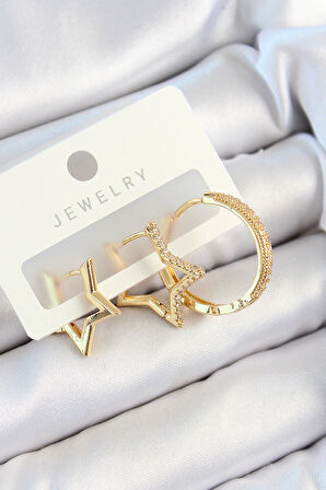 Pirinç Zirkon Taşlı Yıldız Ve Halka Model Gold Renk 3 lü Çift Kadın Küpe Set