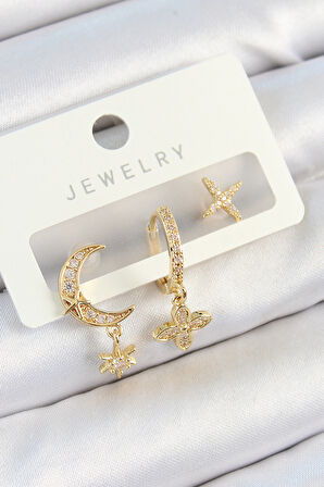 Pirinç Zirkon Taşlı Çiçek Ve Ay Model Gold Renk 3 lü Çift Kadın Küpe Set