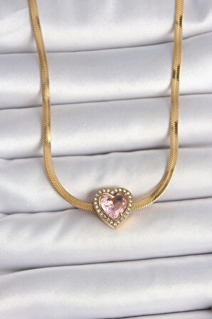 Çelik Gold Renk İtalyan Zincir Pembe Zirkon Taşlı Kalp Model Kadın Kolye