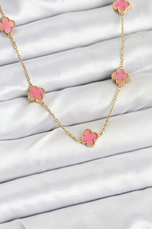  Çelik Zincir Gold Renk Pembe Baby Boy Yonca Kadın Kolye 10572