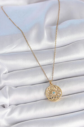  Çelik Gold Renk Zincr Mavi Taşlı Lotus Model Kadın Kolye