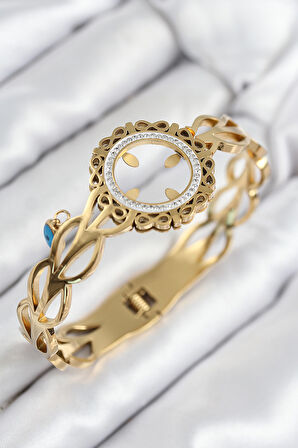  Çelik Zirkon Taşlı Çeyrek Modelli Takılabilir Gold Renk Kelepçe 7822