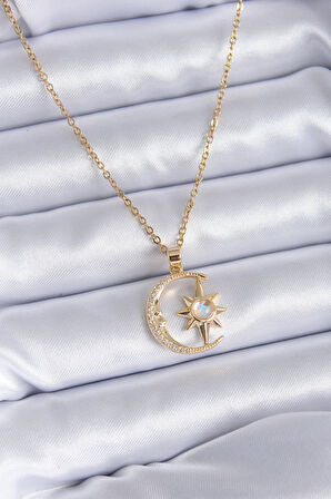  Çelik Gold Renk Zirkon Taşlı Ay Yıldız Model Kadın Kolye