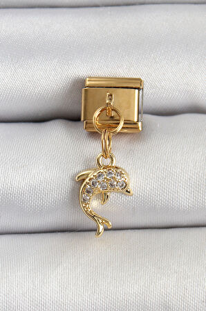  Çelik Sallantılı Zirkon Taşlı Yunus Balığı Model Gold Renk Nomination Charm