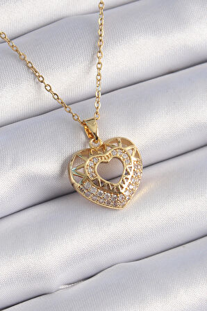  Çelik Gold Renk Zirkon Taşlı Kalp Model Vintage Kadın Kolye
