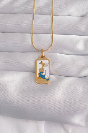  Çelik Gold Renk Beyaz Mineli Kız Figür Tarot Kolye