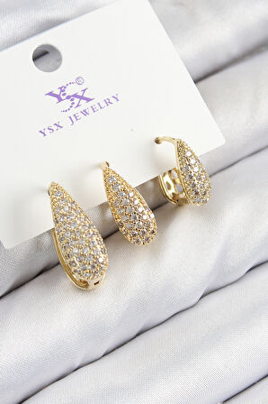 Pirinç Zirkon Taşlı 3 lü Damla Model Gold Renk Kadın Küpe
