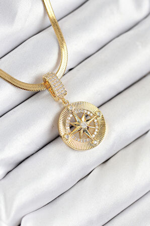  Çelik Zirkon Taşlı Pusula Model Gold Renk Kadın Kolye 10532