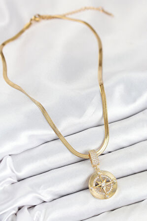  Çelik Zirkon Taşlı Pusula Model Gold Renk Kadın Kolye 10532