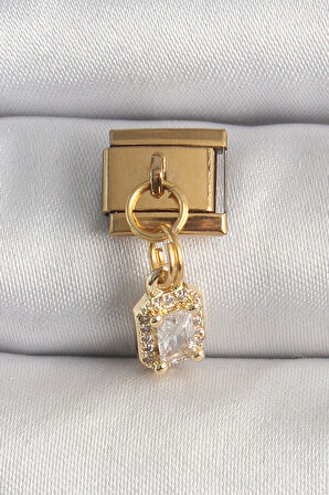  Çelik Gold Renk Sallantı Zirkon Taşlı Kare Model Nomination Charm