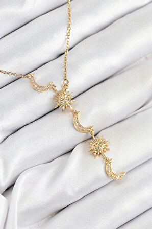  Çelik Zirkon Taşlı Güneş Ve Ay Model Gold Renk Kadın Kolye 10548