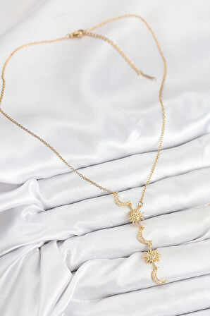  Çelik Zirkon Taşlı Güneş Ve Ay Model Gold Renk Kadın Kolye 10548