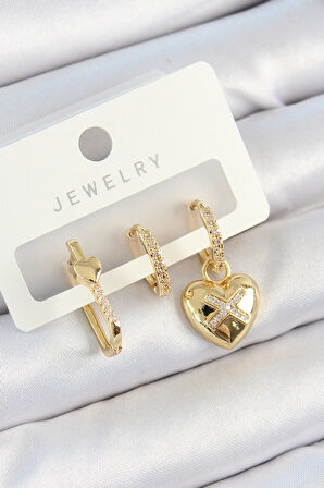 Pirinç Zirkon Taşlı Kalp Model Gold Renk 3 lü Çift Kadın Küpe Set