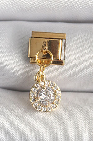  Çelik Gold Renk Sallantı Daire Zirkon Taşlı Nomination Charm