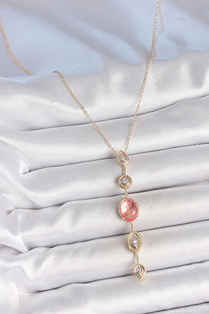 Pirinç Zincir Pembe Gold Renk Zirkon Taşlı Y Kolye 10231