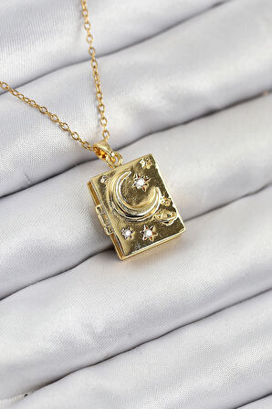  Çelik Zirkon Taşlı Açılabilr Kapaklı Kitap Model Gold Renk Kadın Kolye 10515
