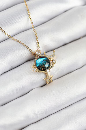  Çelik Zirkon Taşlı Gezegen Model Gold Renk Kadın Kolye 10507