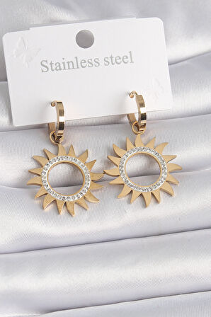  Çelik Gold Renk Zirkon Taşlı Güneş Model Kadın Küpe