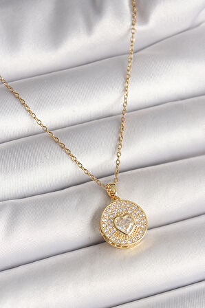  Çelik Gold Renk Zincir Madalyon Zirkon Taşlı Kalp Model Kadın Kolye