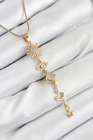  Çelik Zirkon Taşlı Güneş Ve Ay Enerji Model Gold Renk Kadın Kolye 10550