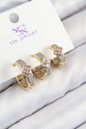 Pirinç Zirkon Taşlı 3 lü Halka Yonca Model Gold Ve Gümüş Renk Kadın Küpe