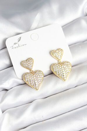 Kalp Model Zirkon Taşlı Gold Renk Pirinç Kadın Küpe 11290