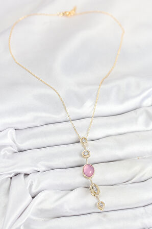 Pirinç Zincir Pembe Gold Renk Zirkon Taşlı Y Kolye 10554