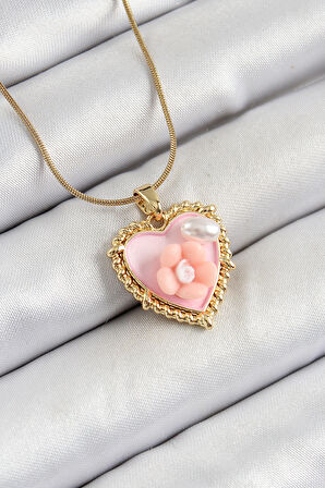  Çelik Zincir Pembe Sanatsal Portre İnci Detaylı Papatya Figürlü Kalp Model Gold Renk Kadın Kolye 10271