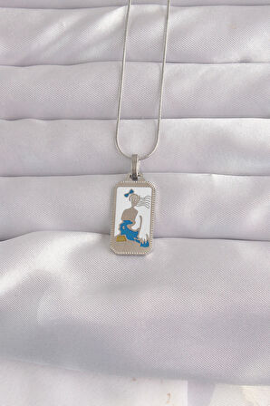  Çelik Gümüş Renk Beyaz Mineli Kız Figür Tarot Kolye