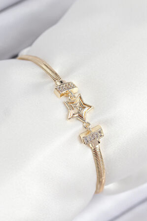 Pirinç Zirkon Taşlı Yıldız Model Gold Renk Kadın Bileklik 7903