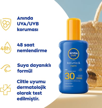 NIVEA SUN SPF30 Güneş Koruyucu ve Nemlendirici Vücut Spreyi 200ml, UVA UVB Koruması, Suya Dayanıklı