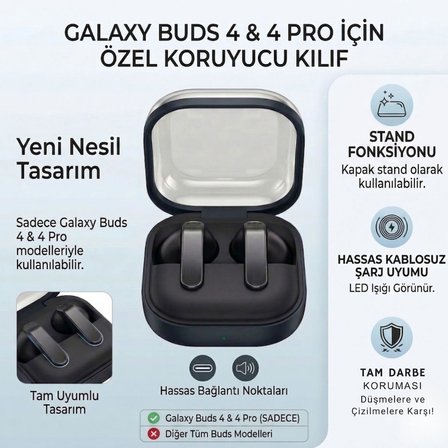 [Black-Frame] Samsung Galaxy Buds4 Pro/Buds 4 için Kılıf [Fonksiyonel Stantlı Tasarım] Kulaklık Kılıfı [Güvenlik Kilit Tasarımlı] Taşıma Askılı TPU Koruyucu Samsung Buds 4 Pro Kılıf (Siyah)