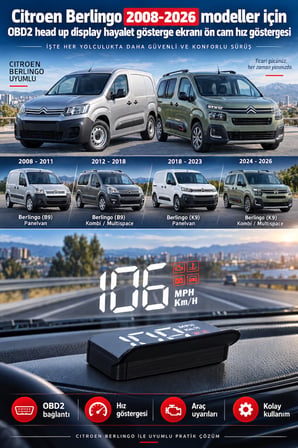 Citroen Berlingo 2008-2026 modeller için OBD2 head up display hayalet gösterge ekranı ön cam hız göstergesi