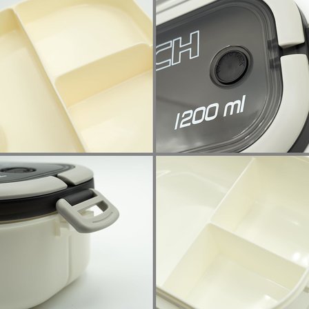 1200 ml 2 Katlı 6 Bölmeli BPA'sız PP Plastik Sefer Tası ve Beslenme Çantası - Hava Kilitli Bento Lunch Box, Çatal ve Kaşık Dahil (Beyaz)