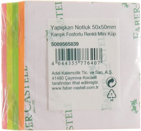 Yapışkan Notluk 50x50mm, Karışık Fosforlu Renkli Mini Küp