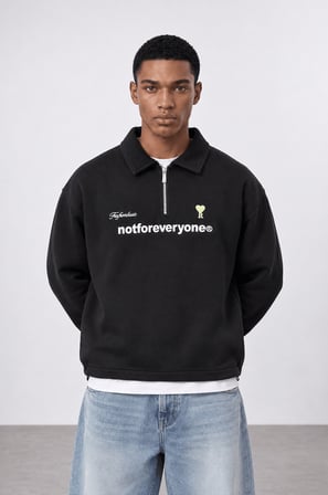 Erkek Not For Everyone Nakışlı Polo Yaka Oversize Sweatshirt Siyah