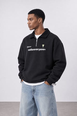 Erkek Not For Everyone Nakışlı Polo Yaka Oversize Sweatshirt Siyah