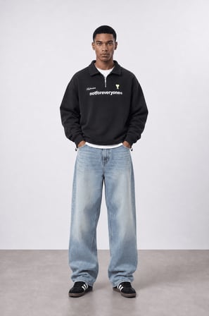 Erkek Not For Everyone Nakışlı Polo Yaka Oversize Sweatshirt Siyah