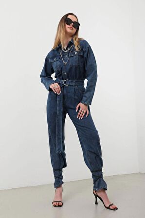 Kadın Oversize Jean Tulum Koyu Mavi