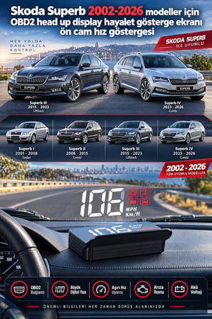 Skoda Superb 2002-2026 modeller için OBD2 head up display hayalet gösterge ekranı ön cam hız göstergesi