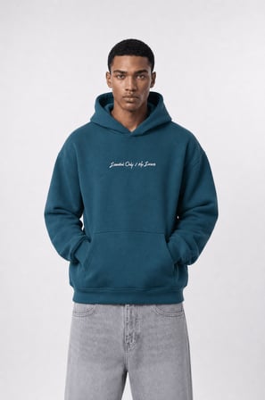 Erkek Essentials Nakışlı Oversize Hoodie Zümrüt